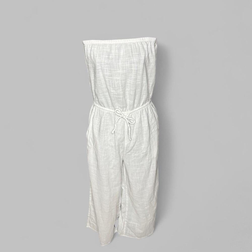 Aerie White Gauzy Strapless Jumpsuit Wide Leg Drawstring 100% Cotton XS